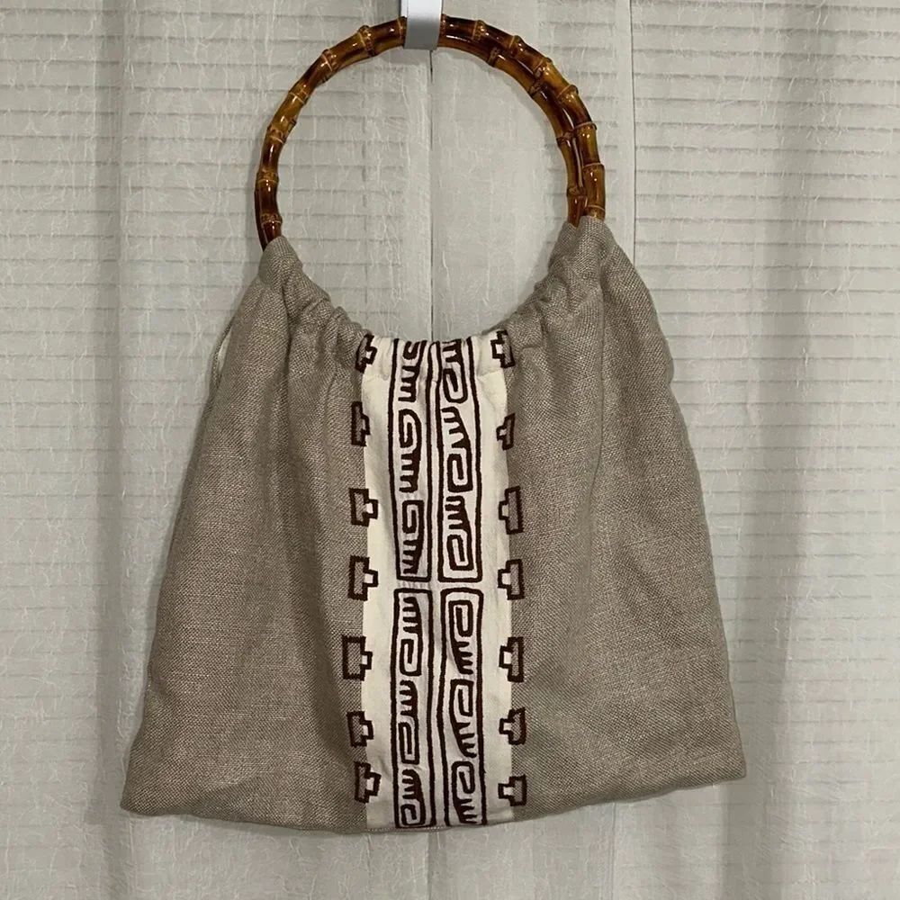 Maya Bags Linen Ivory Brown Hand Embroidered Round Bamboo Handle Bag